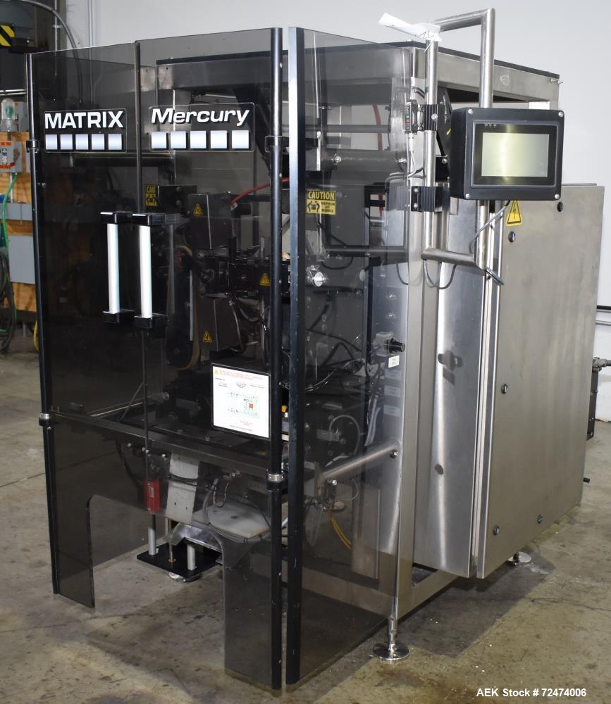 Used Matrix Packaging Mercury HS High Speed Vertical, Form, Fill and Seal Machine. Capable of speeds up to 140 BPM. Bag size range: 1.75" - 11" (Width) x 2.5" - 15" (Length). Has side belt pull downs...